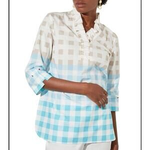 Ming Wang Ruffle V-Neck Blouse Gingham Cotton Poplin Blue White Tan Small